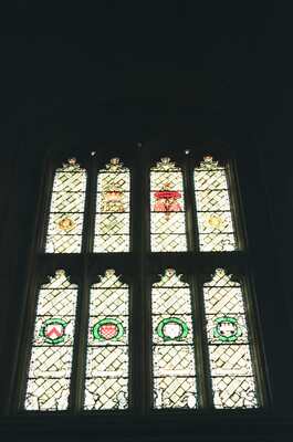 Heraldic stained glass in the Christ Church Hall — Oxford, England (August 2000)