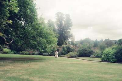 College garden lawn with Magdalen Tower beyond — Oxford, England (August 2000)