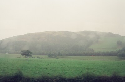 A misty wooded hill rising over green Welsh fields — rural Wales, Wales (August 2000)