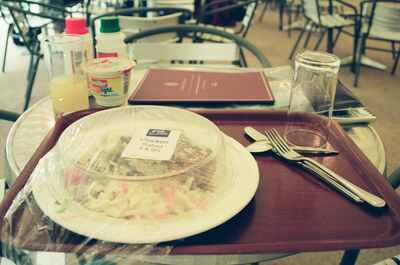 A wrapped chicken salad on a cafe tray — London, England (August 2000)