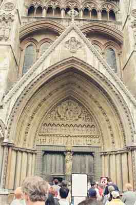 The ornate Gothic archway of the Royal Courts of Justice — London, England (August 2000)