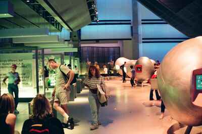 Richard among silver pods in the Science Museum Wellcome Wing — London, England (August 2000)