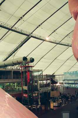 A giant model heart suspended in the Body Zone ribcage — London, England (August 2000)