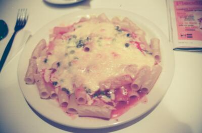A plate of baked pasta at a West End cafe — London, England (August 2000)
