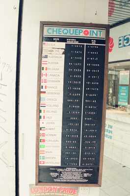 A foreign-exchange rate board at a Chequepoint counter — London, England (August 2000)