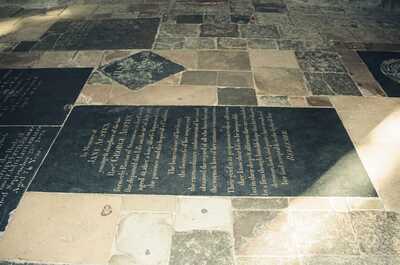 A framed notice describing Jane Austen's memorials — Winchester, England (August 2000)