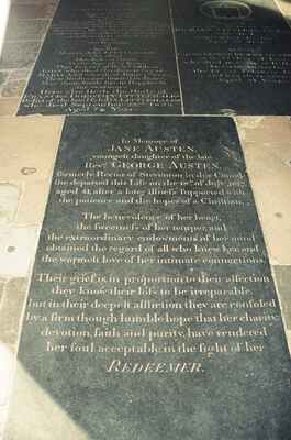 Jane Austen's grave slab set into the flagstone floor — Winchester, England (August 2000)