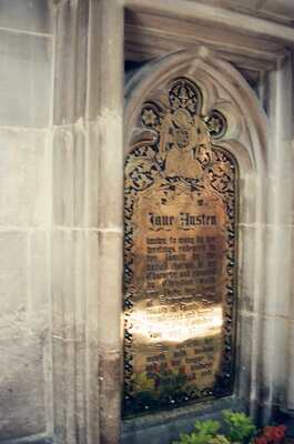 A close view of Jane Austen's inscribed grave stone — Winchester, England (August 2000)