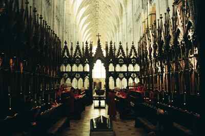 A pinnacled medieval chantry tomb with kneeling angels — Winchester, England (August 2000)