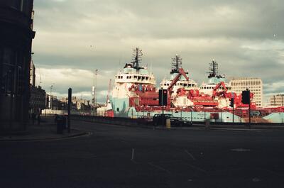 Red oil-supply vessels berthed in Aberdeen harbour — Aberdeen, Scotland (late July - early August 2000)