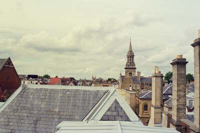 Oxford rooftops and a church spire above slate roofs — Oxford, England (mid-August 2000)