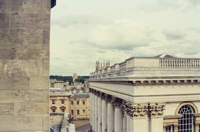 A colonnaded building with city spires beyond — Oxford, England (mid-August 2000)