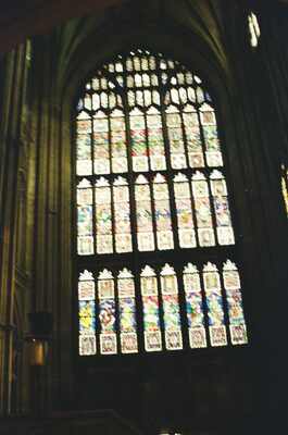 A vast latticed stained glass window in the cathedral — Canterbury, England (mid-August 2000)