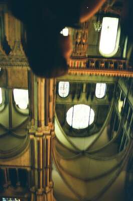 Vaulted arches and stained glass high in the cathedral — Canterbury, England (mid-August 2000)