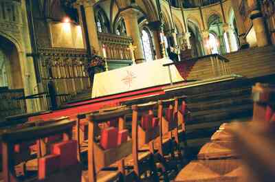 An altar and chairs before the cathedral's eastern chapels — Canterbury, England (mid-August 2000)