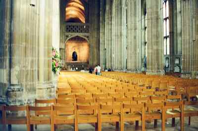 Rows of chairs filling the long cathedral nave — Canterbury, England (mid-August 2000)