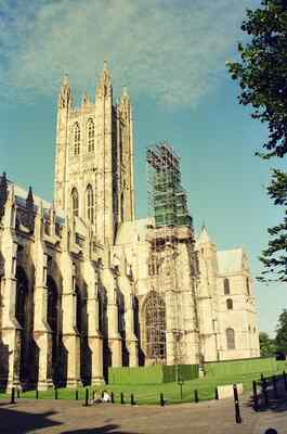 The cathedral's central tower wrapped in scaffolding — Canterbury, England (mid-August 2000)