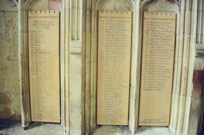 Wall panels listing the bishops and archbishops of York — York, England (mid-August 2000)