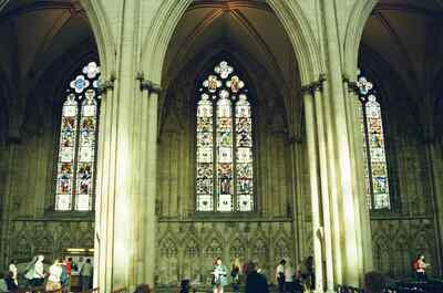 Tall stained glass windows in a transept of York Minster — York, England (mid-August 2000)