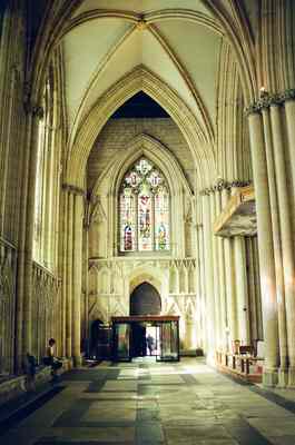 The vaulted ceiling and stained glass of York Minster — York, England (mid-August 2000)