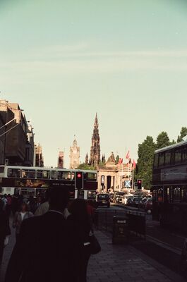Edinburgh's Old Town skyline above busy tour buses — Edinburgh, Scotland (August 2000)