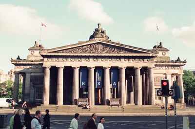 The columned Royal Scottish Academy with exhibition banners — Edinburgh, Scotland (August 2000)