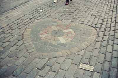 The Heart of Midlothian mosaic set in the cobblestones — Edinburgh, Scotland (August 2000)