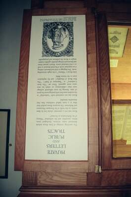 A framed Private Letters and Public Tracts display panel — Edinburgh, Scotland (August 2000)