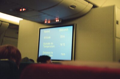 The in-flight progress display showing speed and altitude — In transit, in transit (August 2000)