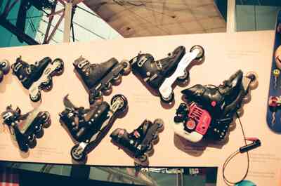 A wall-mounted display of inline skates — London, England (August 2000)