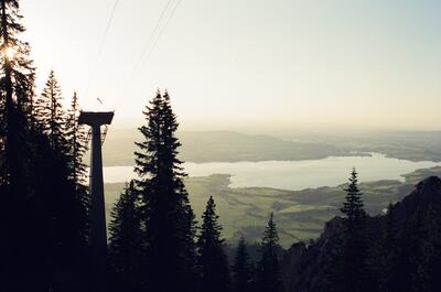 A cable-car pylon above Forggensee at sunset — Fussen, Germany (19-21 June 2000)
