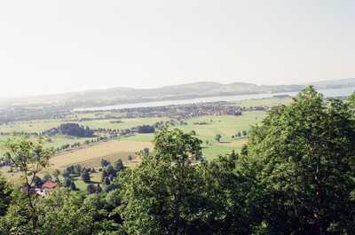 Green farmland and a distant lake beyond the trees — Fussen, Germany (19-21 June 2000)