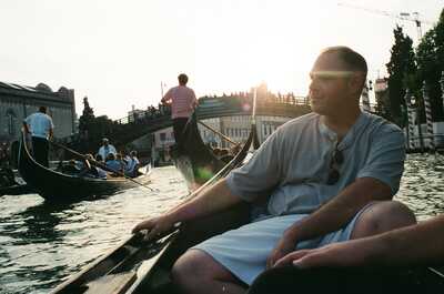 Richard relaxing in a gondola near the Accademia bridge — Venice, Italy (7-10 June 2000)
