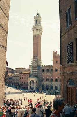 The Torre del Mangia rising above Piazza del Campo — Siena, Italy (4-6 June 2000)