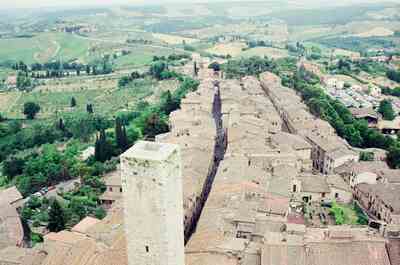 San Gimignano's towers and rooftops seen from above — San Gimignano, Italy (6-10 June 2000)