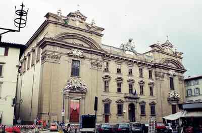 A grand baroque church facade on a Florence street — Florence, Italy (6-10 June 2000)