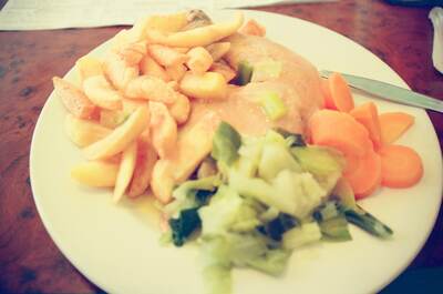 A plate of chicken, chips and vegetables at a cafe — England, England (August 2000)