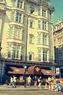 The Hard Rock Cafe and grand building on Old Park Lane — London, England (August 2000)