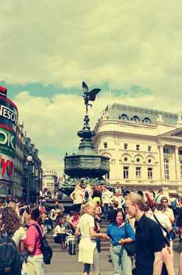 The Eros statue and crowds at Piccadilly Circus — London, England (August 2000)