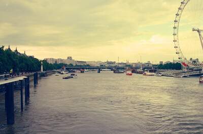 The Thames and London Eye seen from the South Bank — London, England (August 2000)
