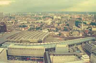 Waterloo Station's curved roof seen from the London Eye — London, England (August 2000)