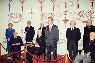 Waxwork British prime ministers in a grand room — London, England (20-25 July 2000)