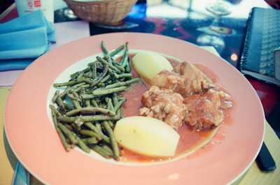 A plate of braised meat, beans and potatoes — Nice, France (13-20 July 2000)