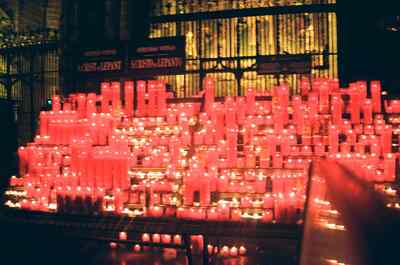 Banks of red votive candles in the Cathedral — Barcelona, Spain (13-20 July 2000)