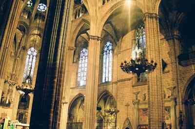 Gothic nave with stained glass and chandeliers in the Cathedral — Barcelona, Spain (13-20 July 2000)