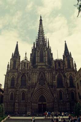 The Cathedral's pinnacled facade above an outdoor cafe — Barcelona, Spain (13-20 July 2000)