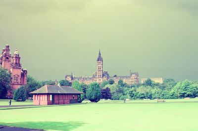 Glasgow University's tower seen across Kelvingrove Park — Glasgow, Scotland (late July 2000)