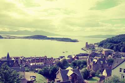 Oban town and bay viewed from a hilltop — Oban, Scotland (late July 2000)