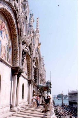 The upper loggia of St Mark's toward the Piazzetta — Venice, Italy (7-10 June 2000)