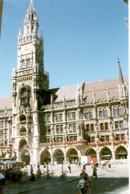 The Neues Rathaus and its clock tower on Marienplatz — Munich, Germany (18-19 June 2000)